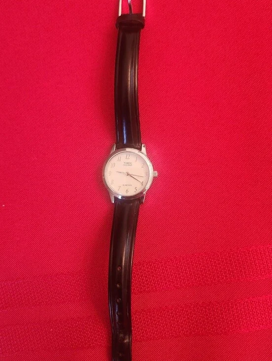 Timex Women's Silver Case Watch with Black Leather Strap