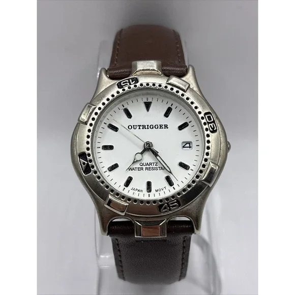 Outrigger Men's Quartz Watch Rotating Bezel Brown Leather Band- New Battery