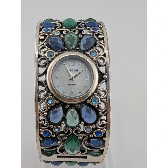 Chico's Womens Jewel Cuff Watch 30mm Blue Gems Bangle- New Battery