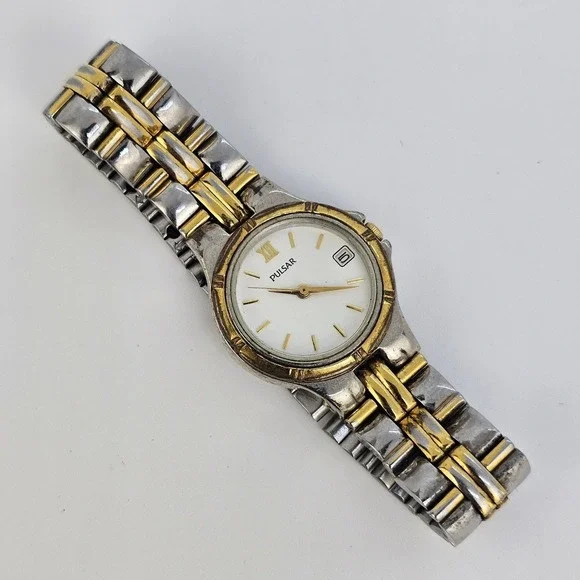 Pulsar Women's Watch 24MM‎ White Dial Date Two Tone Bracelet 6