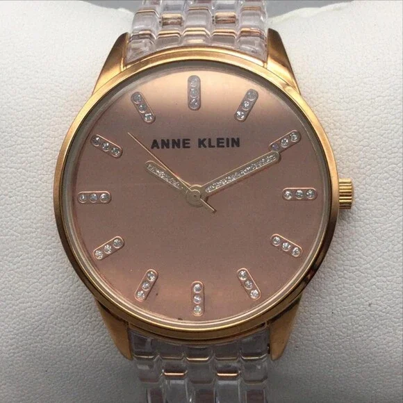 Anne Klein Womens Watch 36mm Rose Gold Dial Clear Resin Bracelet New Battery 6