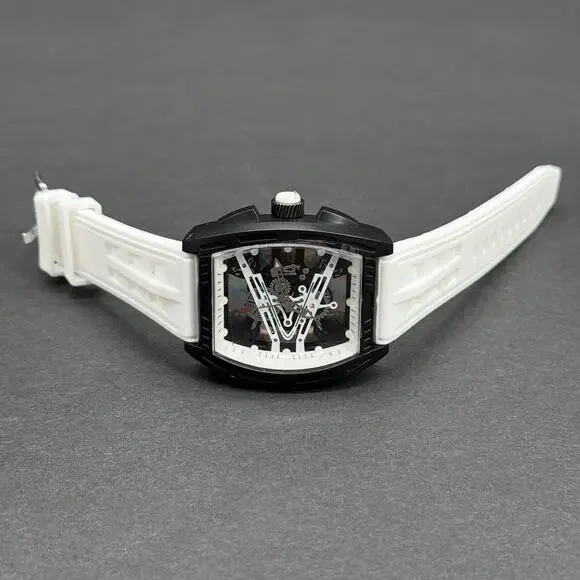Mens White Tonneau Quartz Mille Fashion Watch Skeleton Dial Mille Style Barrel