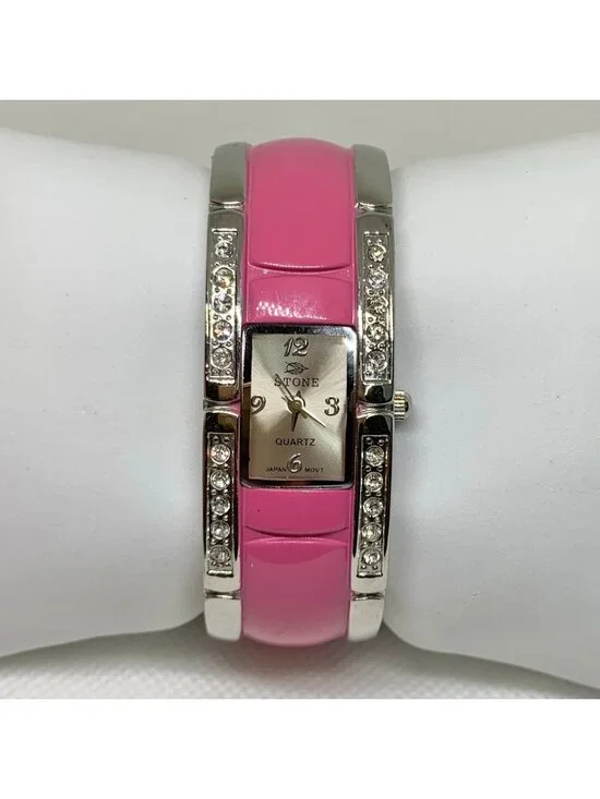 Stone women’s cuff bracelet watch two tone rhinestones 21mm quartz 6” running