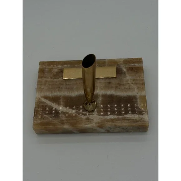 Vintage Onyx Stone Desk Pen Holder Gold Tone Base Mid Century Executive‎ Decor