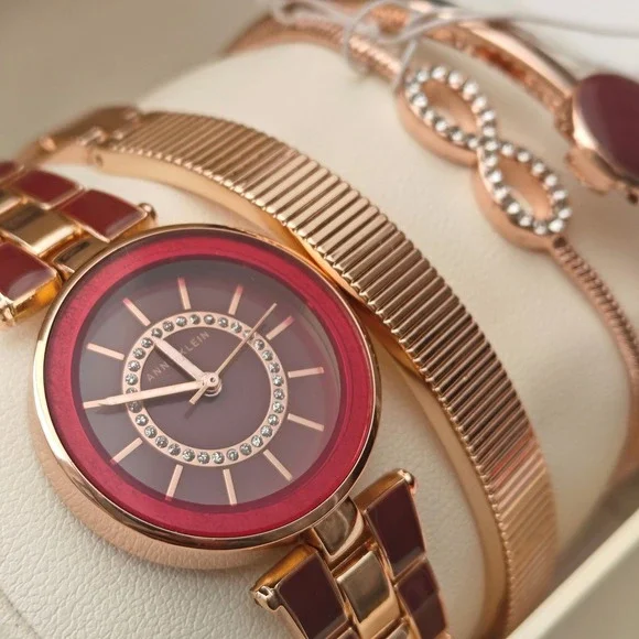 Anne Klein Women Rose Gold Red Burgundy Watch Bracelet Set NEW Infinity Enamel