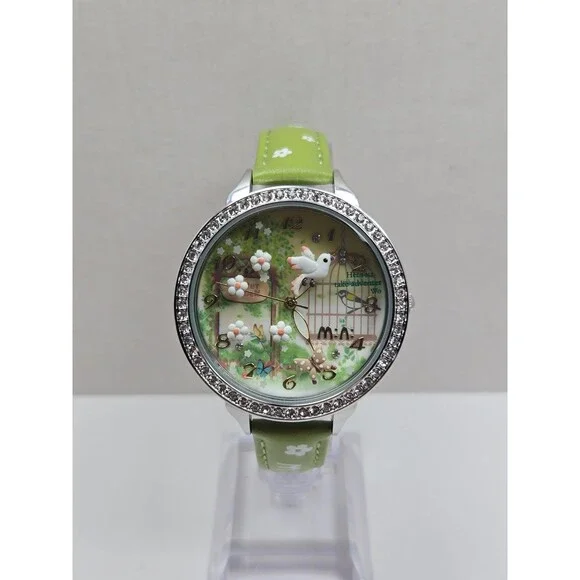 Mini Watch Womens 3D Garden Bird Flower Crystal Bezel Leather Quartz New Battery