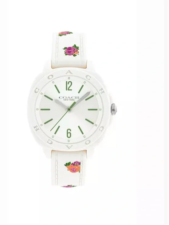Coach Womens Kitt Watch 34mm Silicone White Rose Flower Band