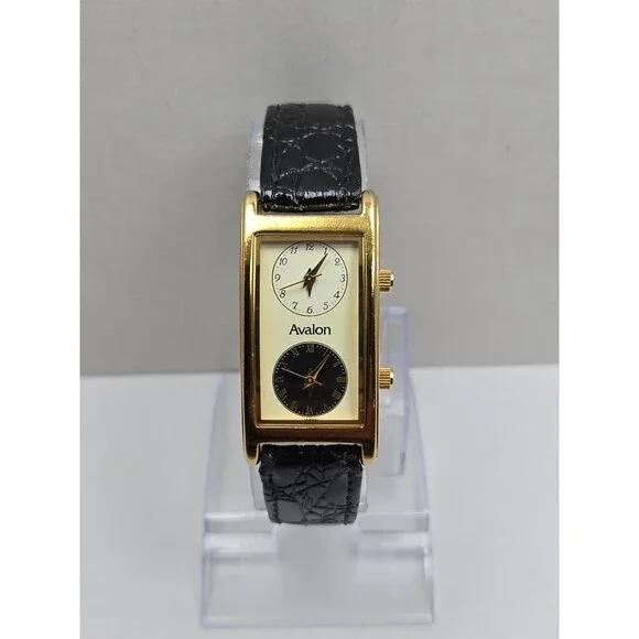 Vintage Avalon Dual Time 22mm Tank Gold Tone Leather Dress Watch New Battery
