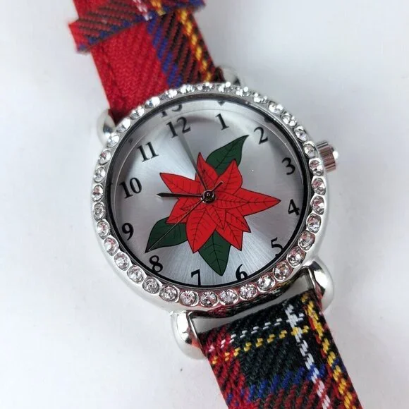 Vintage Christmas Poinsettia Rhinestone Watch