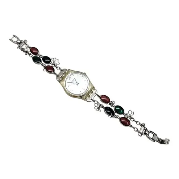 Swatch 2009 Lady Charm Bracelet Watch Swiss Quartz Multicolor Stone Dainty