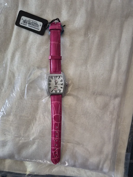 Michele Women's Urban Diamond Watch.Pink Leather-Strap Watch with Silver Casing.