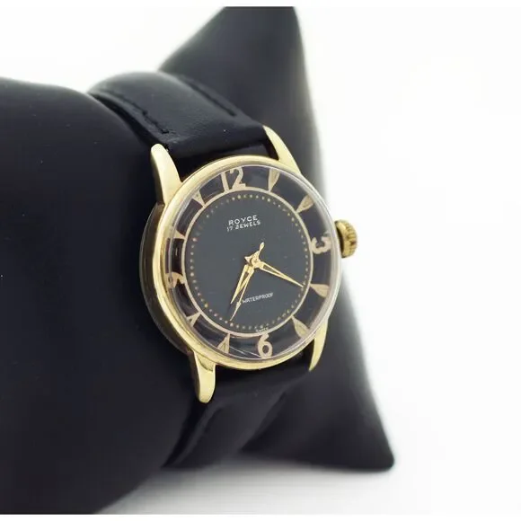 Royce Vintage17 Jewels Mechanical Black & Gold Art Deco Dial Watch