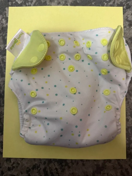 BumGenius White Diaper Cover with Yellow and Teal Dot Print