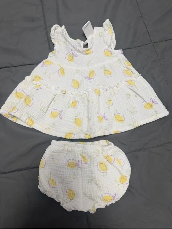 Baby Lemon Print Dress & Bloomer Set - White and Yellow