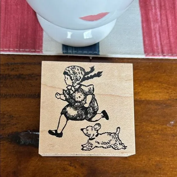 Krimgen Vintage Wooden Stamp with Girl and Dog Design NEW