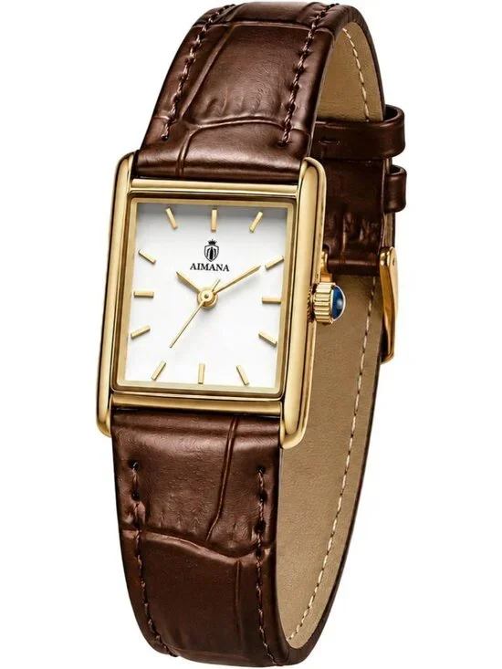 Women's Gold Case Brown Rectangle Vintage Leather Strap  Quartz Movement Watch