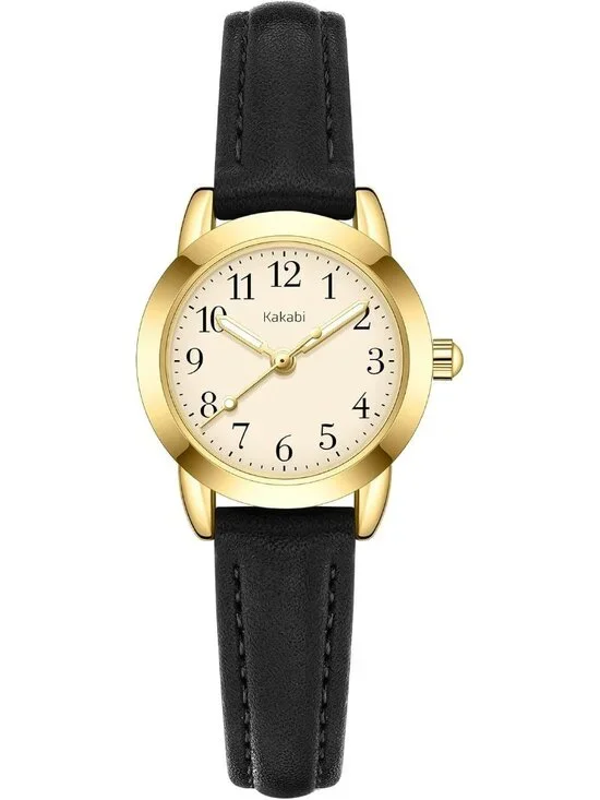 Women's Black Gold Vintage Analog Slim Leather Strap Quartz Movement Watch