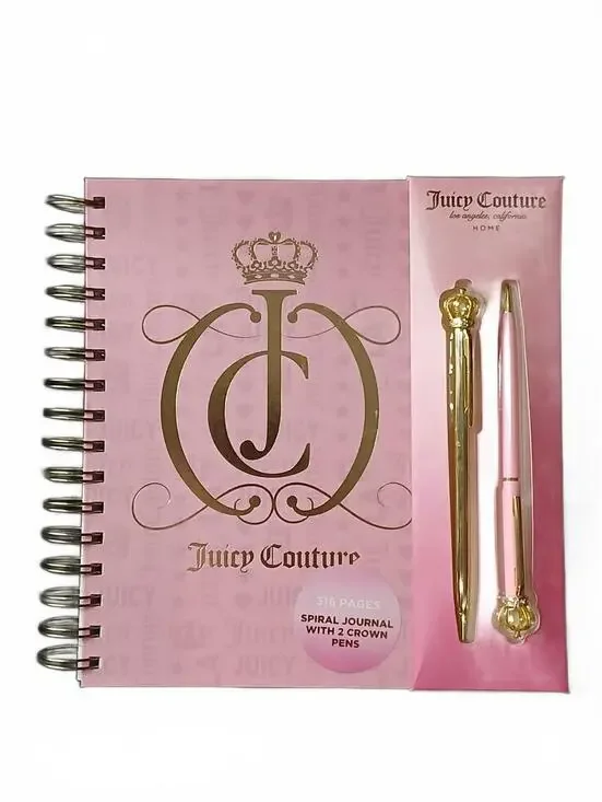 Juicy Couture Pink Gold Spiral Journal 2 Crown Pens 316 Pages Gift Set NWT