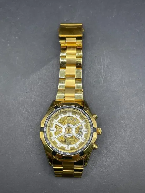 Forsining TM340 Mens Skeleton Stainless Steel Automatic Self-Winding Watch Gold