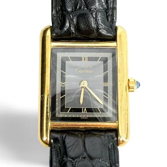 Cartier Must de Tank Gold Black Leather Watch