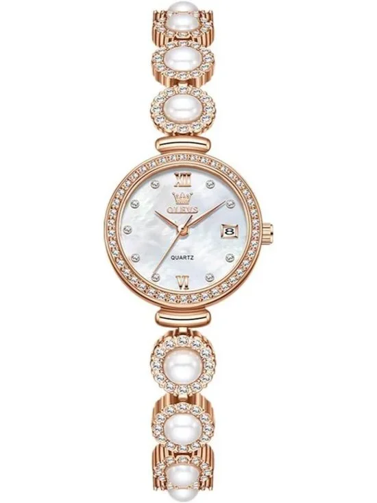 Women's Rose Gold Silver Analog Quartz Diamond Round Dial Pearl Bracelet Watch