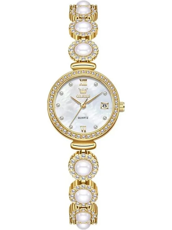 Women's Gold And Silver Analog Quartz Diamond Round Dial Pearl Bracelet Watch