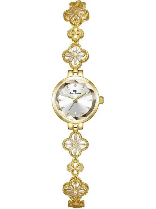 Women's Gold White Analog Quartz Vintage Hollow Four Leaf Chain Bracelet Watch