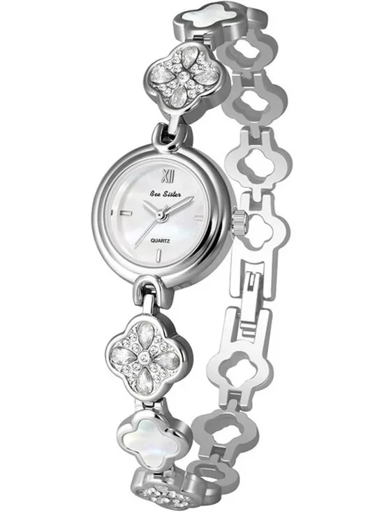 Women's All Silver Analog Quartz Vintage Hollow Four Leaf Chain Bracelet Watch