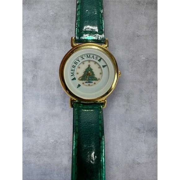 Kitch Fun Christmas Tree Watch Green Gold Vintage Rotating Hand