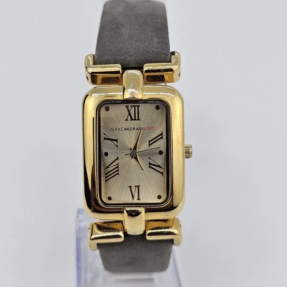 Issac Mizrahi Live Watch Women 24MM Gold Dial‎ Gray Leather Bands New Battery