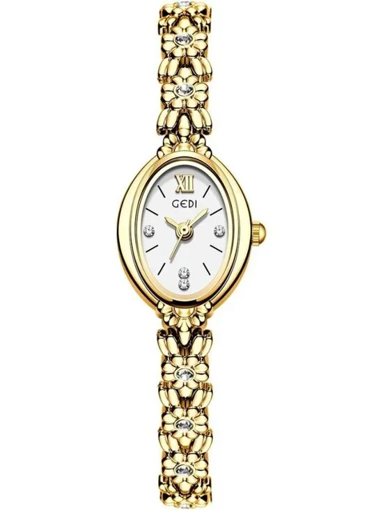 Women Gold And White Analog Quartz Alloy Steel Oval Roman Numeral Bracelet Watch
