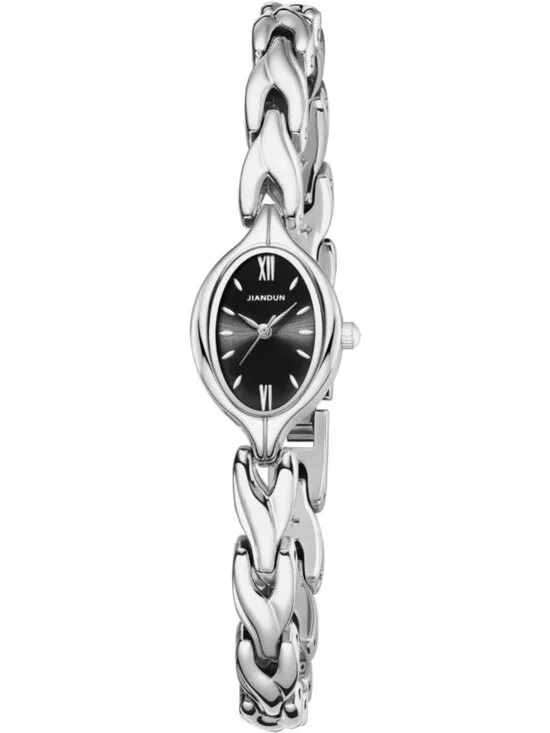 Women's Silver Black Analog Quartz Stainless Steel Vintage Oval Bracelet Watch