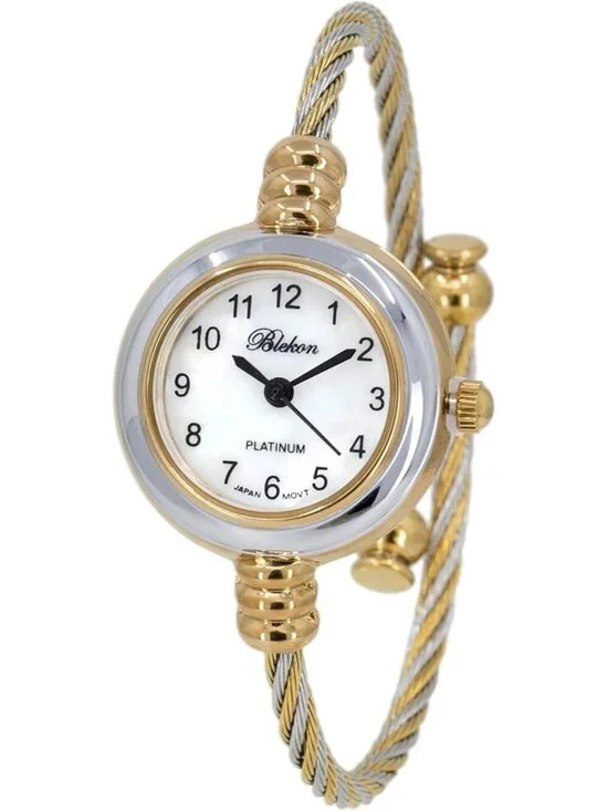 Women's Silver And Gold Analog Elegant Cable Cuff Arabic Numbers Bracelet Watch