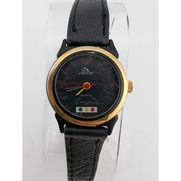 Vintage Jordache Watch Women 23mm Case Black Leather Band- New Battery‎