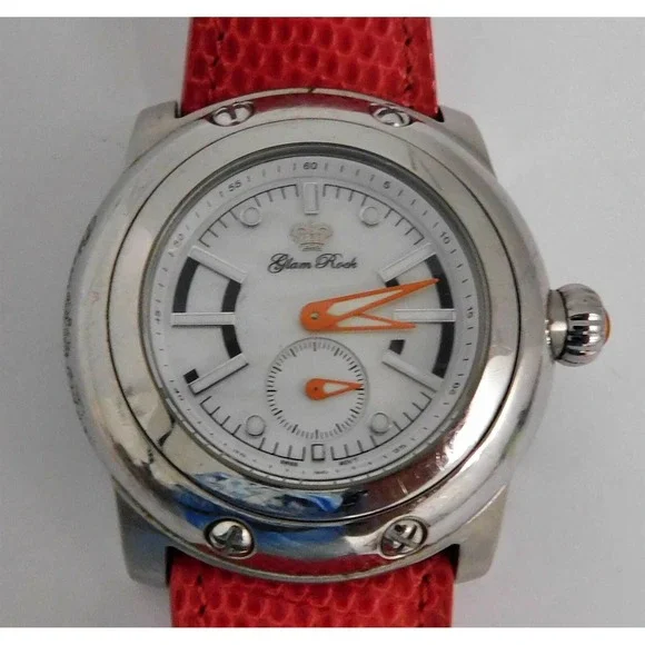 Glam Rock‎ GR30003 Large Silver Face Watch Red Reptile Leather Strap
