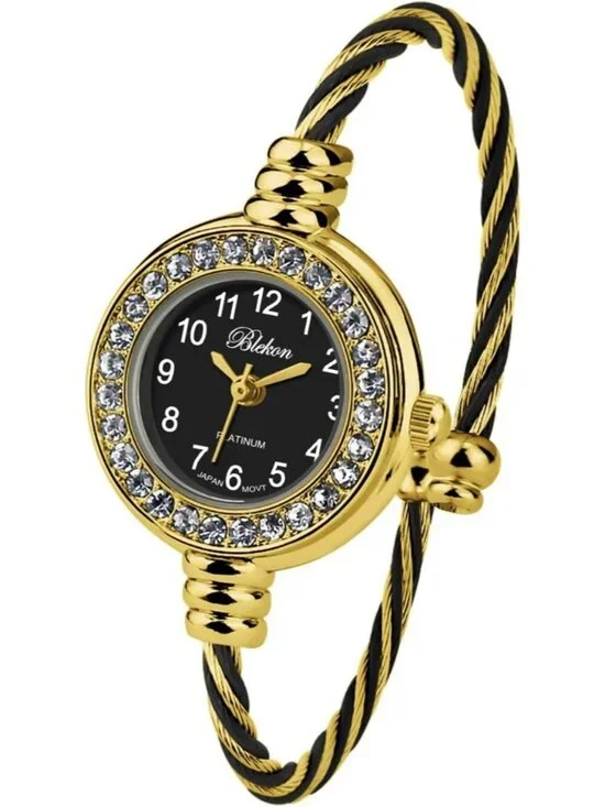 Womens Gold And Black Analog Cable Cuff Arabic Numbers Rhinestone Bracelet Watch