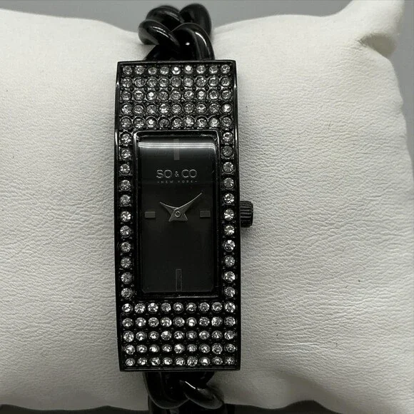 SO&CO Womens Watch 18mm Black Dial Crystal Bezel Chain Bracelet New Battery 7.5