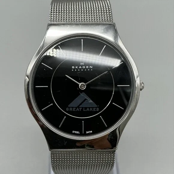 Skagen Mens Watch 34mm Black Dial Great Lakes Logo Mesh Stainless New Battery