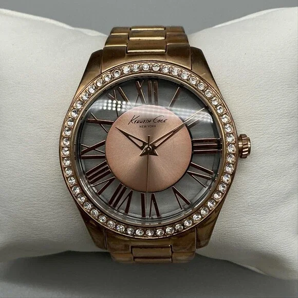 Kenneth Cole Womens Watch 40mm Rose Gold Dial Crystal Bezel New Battery 6.25