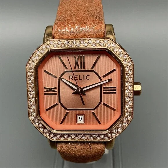 Relic ZR34181 Womens Watch 33mm Octagon Gold Tone Crystals Leather New Battery