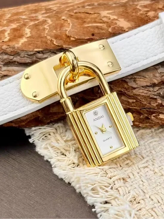 ANDAI White Leather Bracelet Watch with Gold Padlock Charm