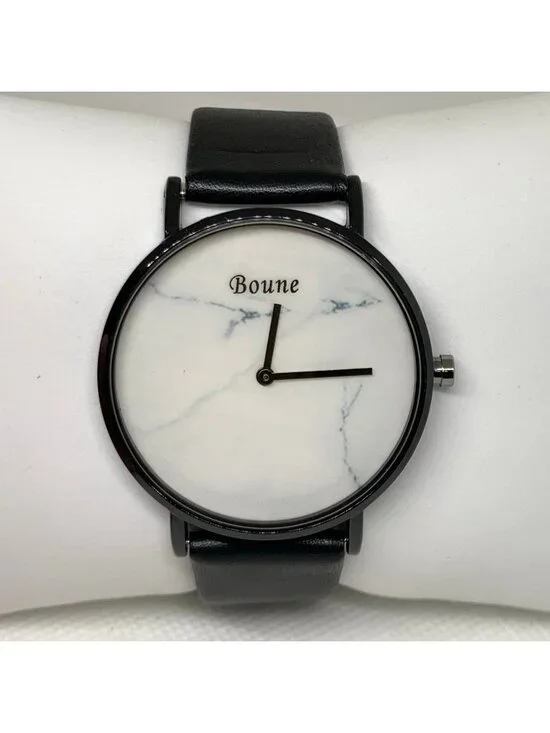 Boune men’s quartz analog watch black tone 40mm white dial leather band running