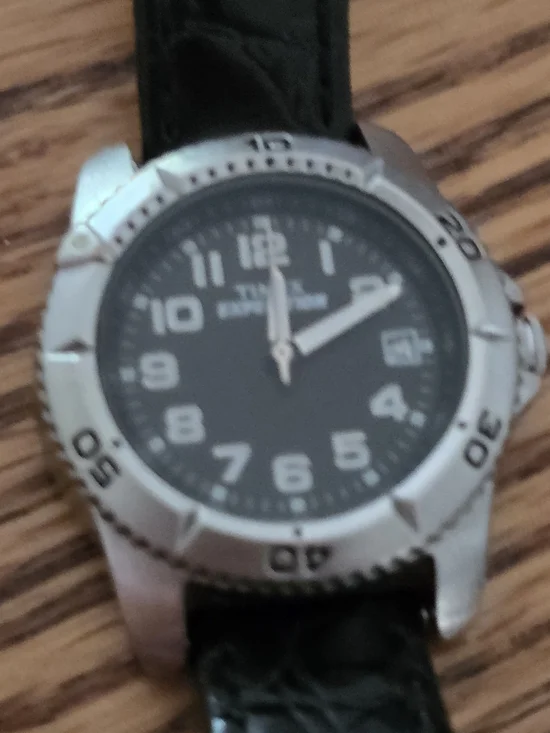 Womans Timex Expedition Black Dial Watch Croc Embossed Black Leather Strap