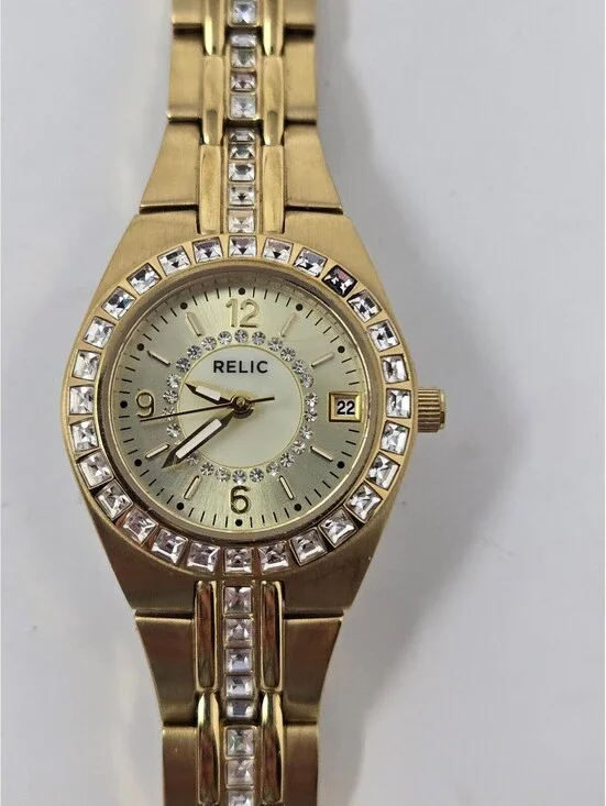 Relic by Fossil Queen's Court Gold-Tone Crystal Bezel Women's Watch with Date