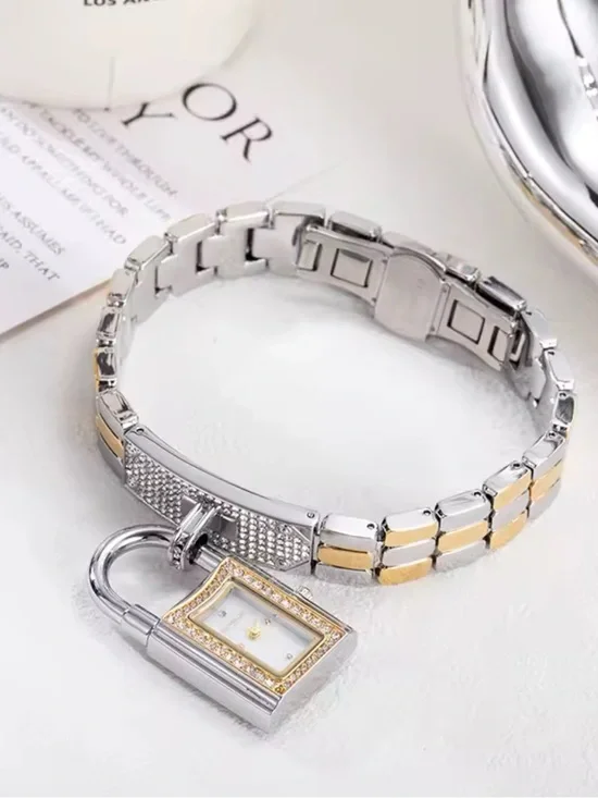Two-Tone Silver and Gold Padlock Charm Bracelet Watch for Women