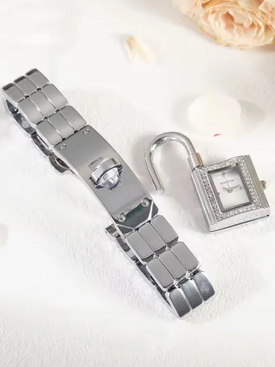 Men's Silver Padlock Bracelet Watch with Crystal Accents
