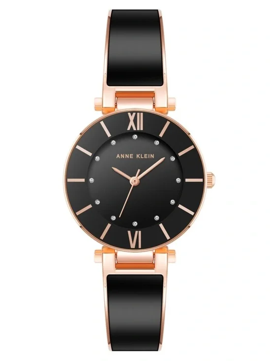 Anne Klein Rose Gold-Tone and Black Bangle Watch