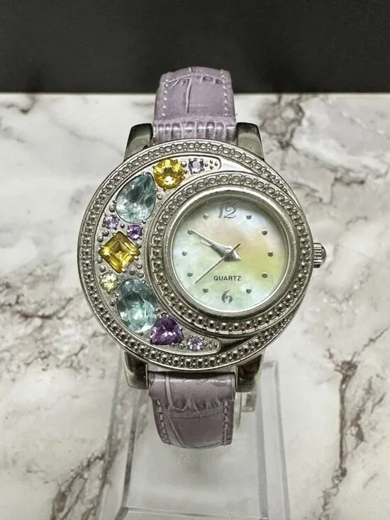 Rhinestone Watch Women Silver Tone Mother of Pearl Dial Leather Band New Battery