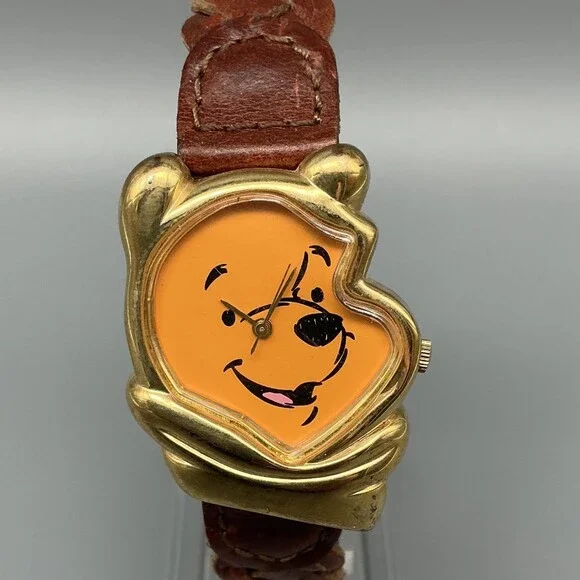 Vintage Timex Pooh Womens Watch 30mm Profile Gold Tone Leather New Battery