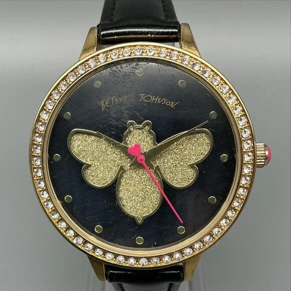 Betsey Johnson Womens Watch 39mm Black Bee Dial Gold Tone Leather New Battery